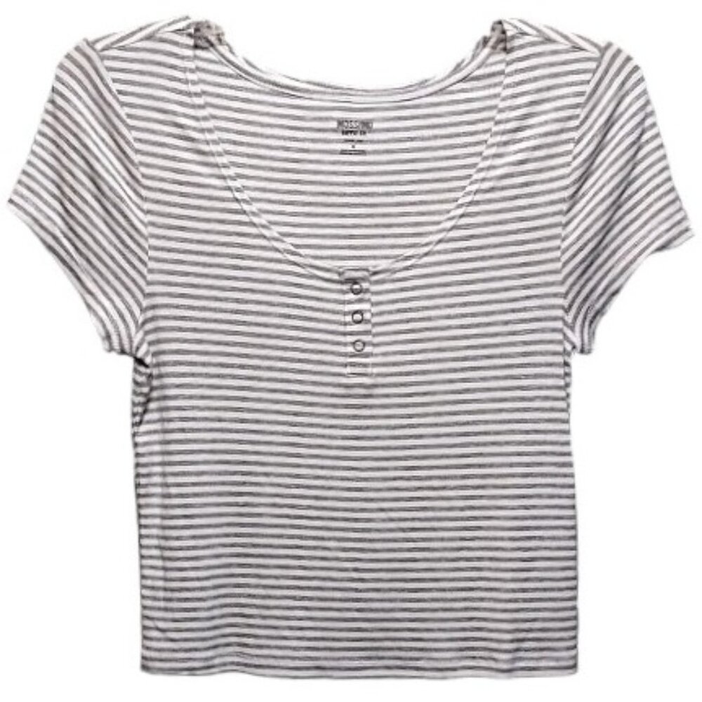 Mossimo Gray White Striped Cap Sleeve Scoop Neck Henley Crop Top XL